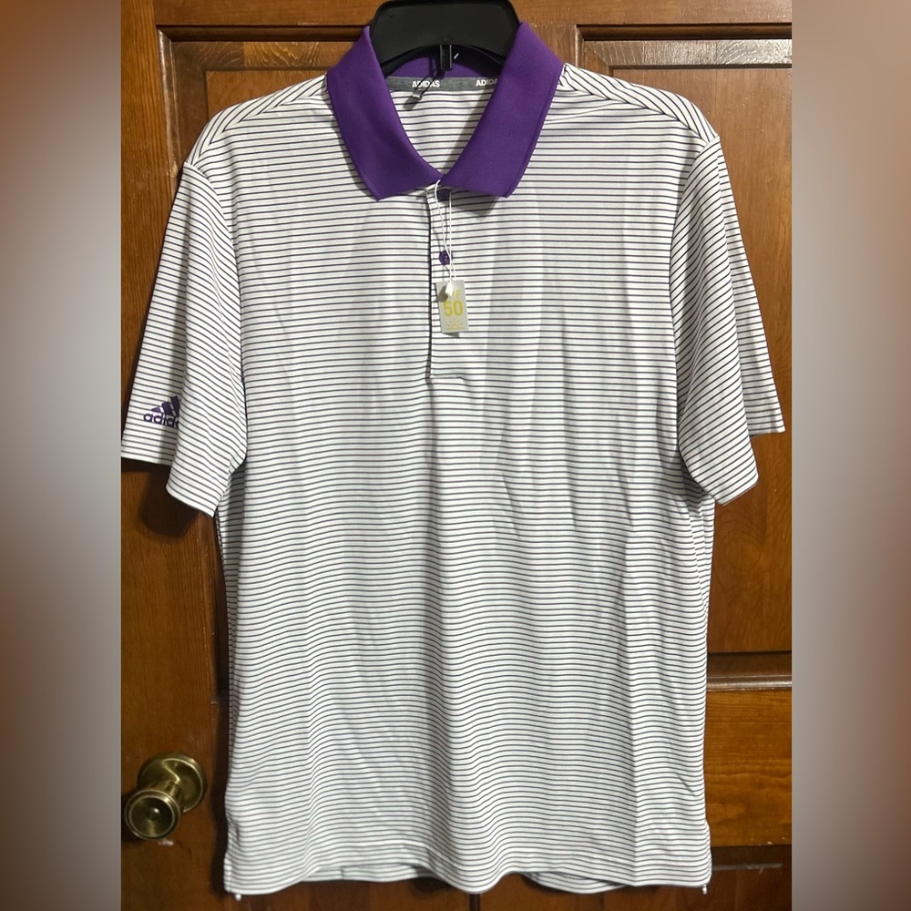 NWT ADIDAS Men's Purple and White Striped Golf Polo Shirt Size Medium